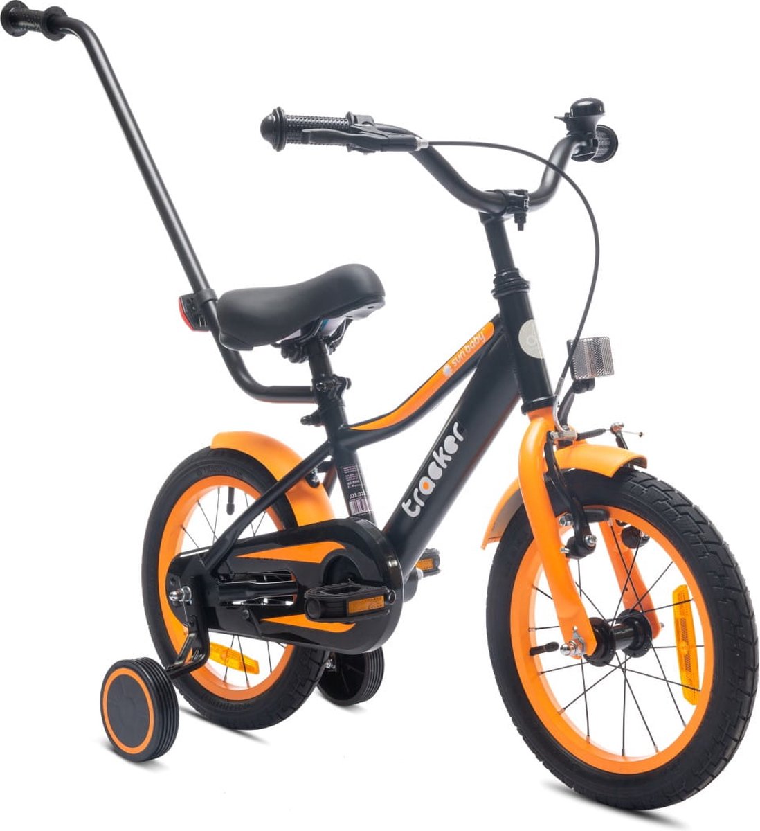 Tracker Bike Kinderfiets voor jongens 14 inch Oranje Neon, leeftijd 3 tot 5 jaar, met zijwieltjes, duwstang, handrem Kinderfiets kopen online