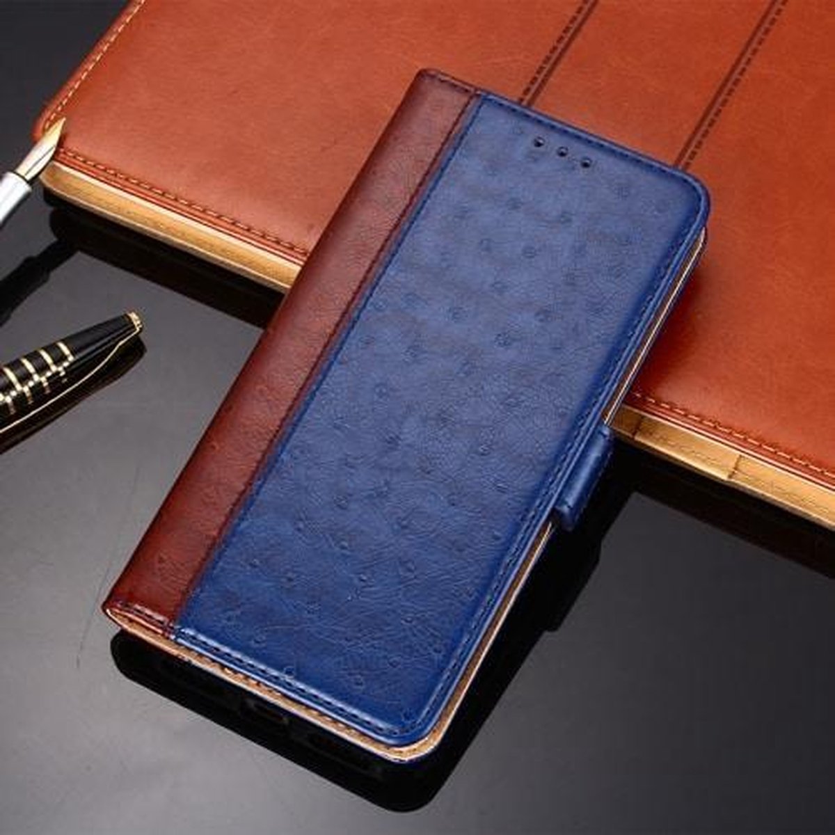 voor oppo realme c3 struisvogeltextuur pu tpu horizontale flip lederen tas met houder kaartsleuven en portemonnee blauw