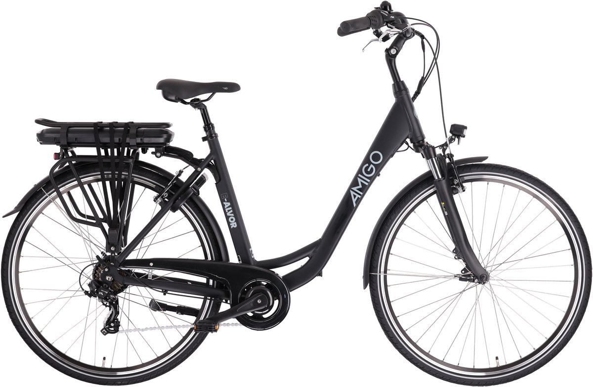 amigo e alvor d2 elektrische fiets e bike 28 inch 50 cm damesfiets met 7 versnellingen v brakes 536 wh accu matzwart