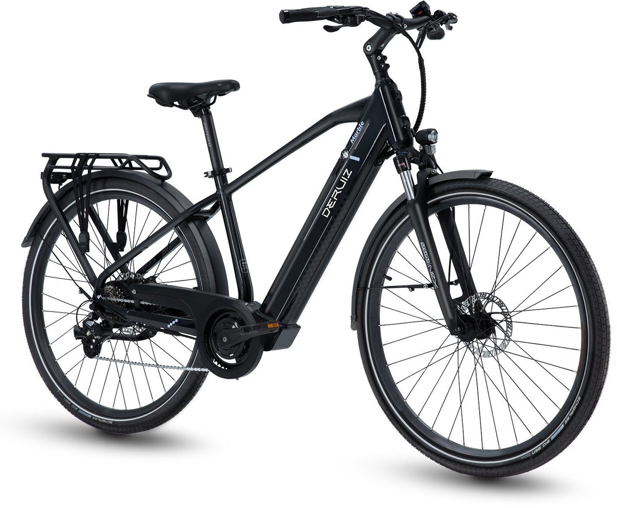 Elektrische Fiets Deruiz MARBLE - Elektrische Stadsfiets -161 km Actieradius - 644Wh uitneembare accu - 28 inch - Shimano 8 Versnellingen - met Bagagedrager en Verlichtingsset - Zwart Fiets (elektrisch) kopen online