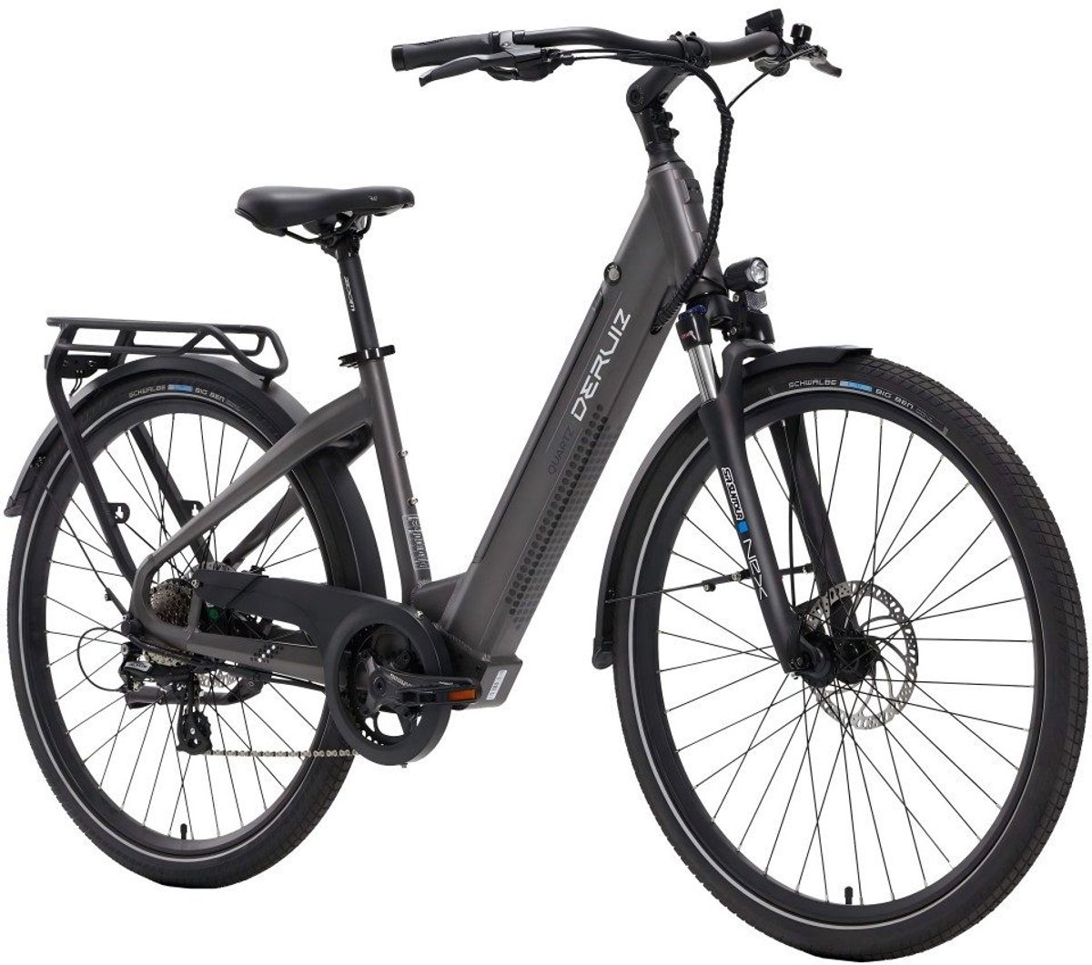 Elektrische Fiets Deruiz Quartz - Elektrische Stadsfiets -161 km Actieradius - 644Wh - 28 inch - Shimano 8 Versnellingen - Vering - Verwijderbare Accu - App & Bluetooth - LCD Display - Grijs Fiets (elektrisch) kopen online