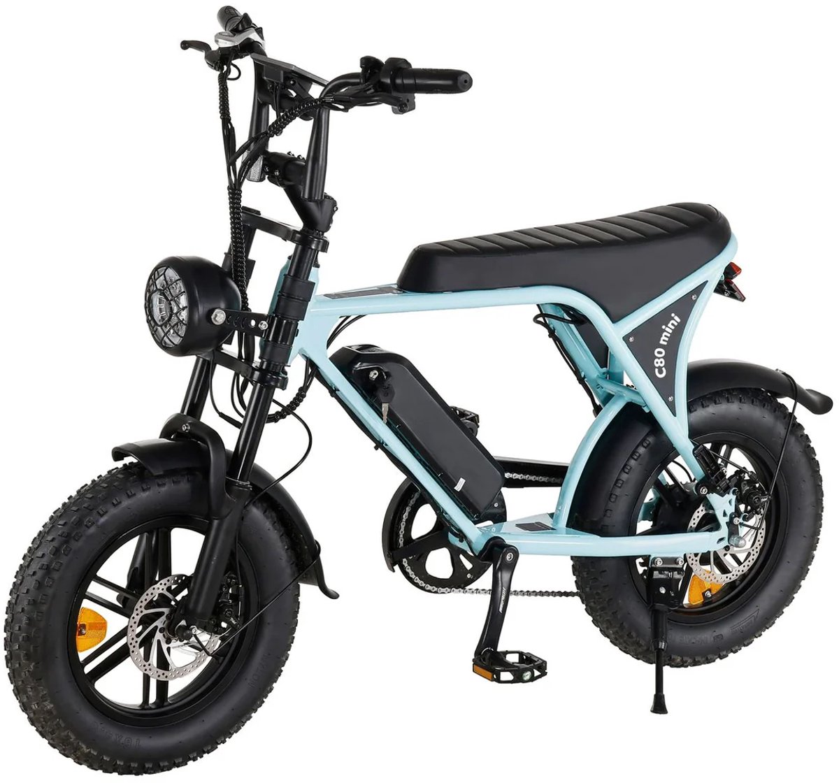 ouxi c80 mini fatbike elektrisch 250w 50km actieradius 25km h voor 2 personen alarm lichtblauw rijklaar in doos omidbikes