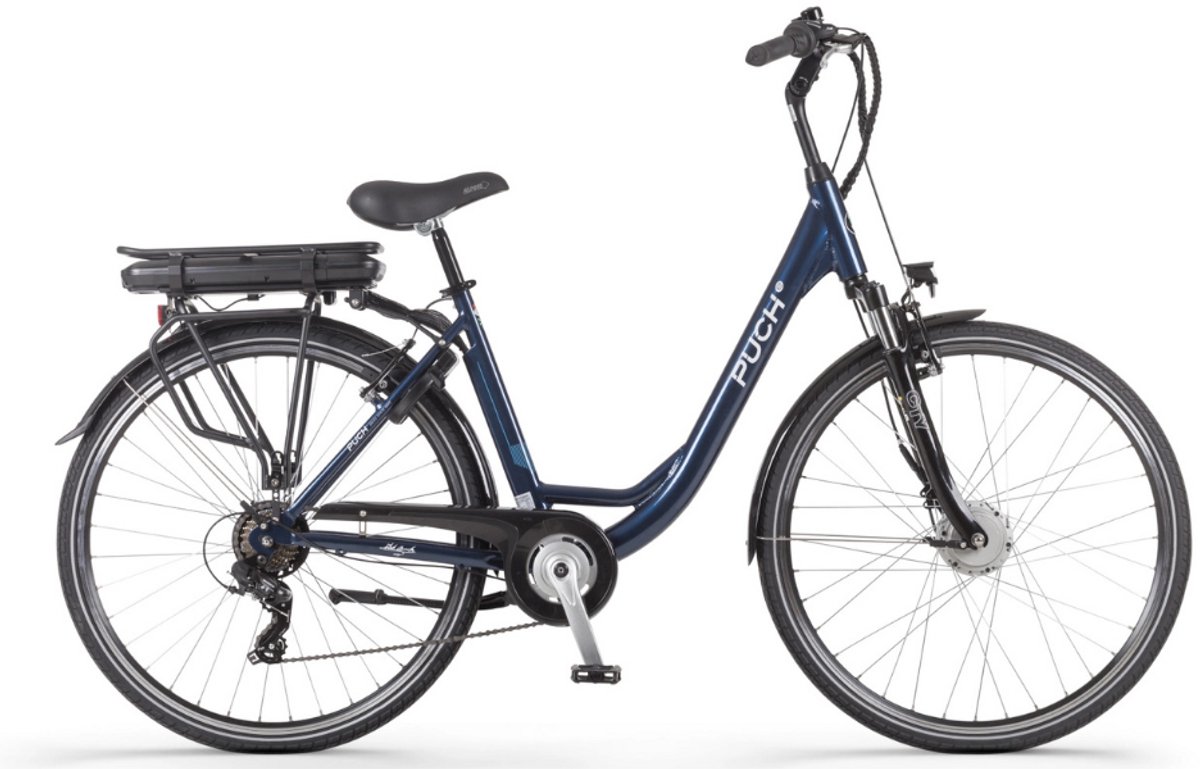 puch basic d7 elektrische fiets e bike lage instap uitneembare accu 28 inch 250w ananda motor 120 km actieradius dark blue