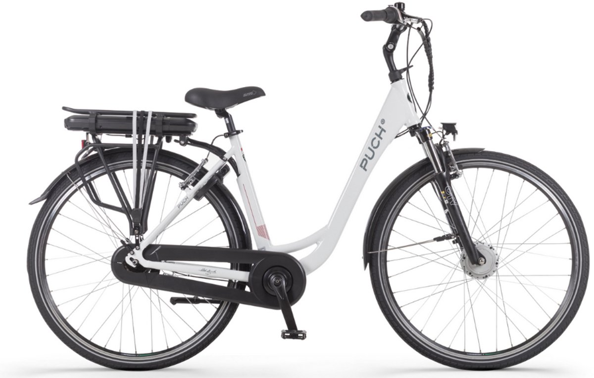 puch e folk n7 elektrische fiets e bike lage instap framemaat 55 uitneembare accu 28 inch 250w ananda motor 120 km actieradius glossy white