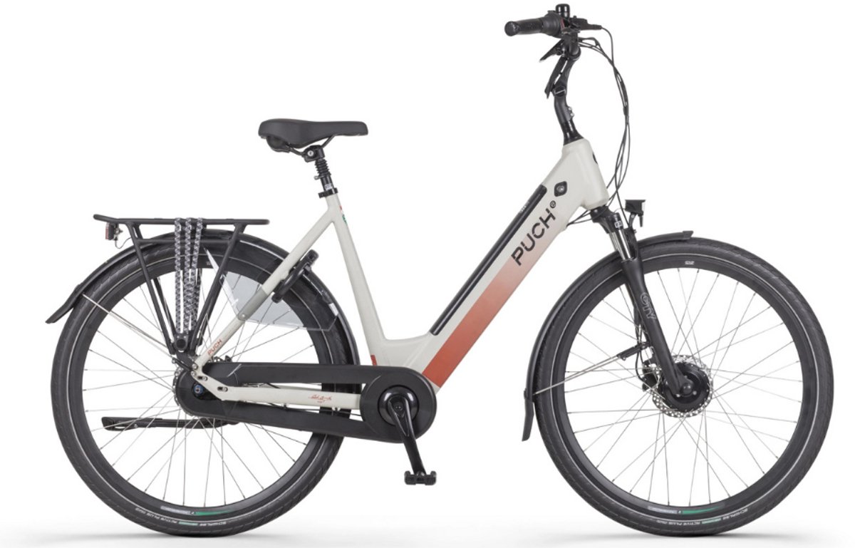 puch e modern basic n7 elektrische fiets e bike lage instap framemaat 49 uitneembare accu 28 inch 250w akm motor 110 km actieradius silk grey matt