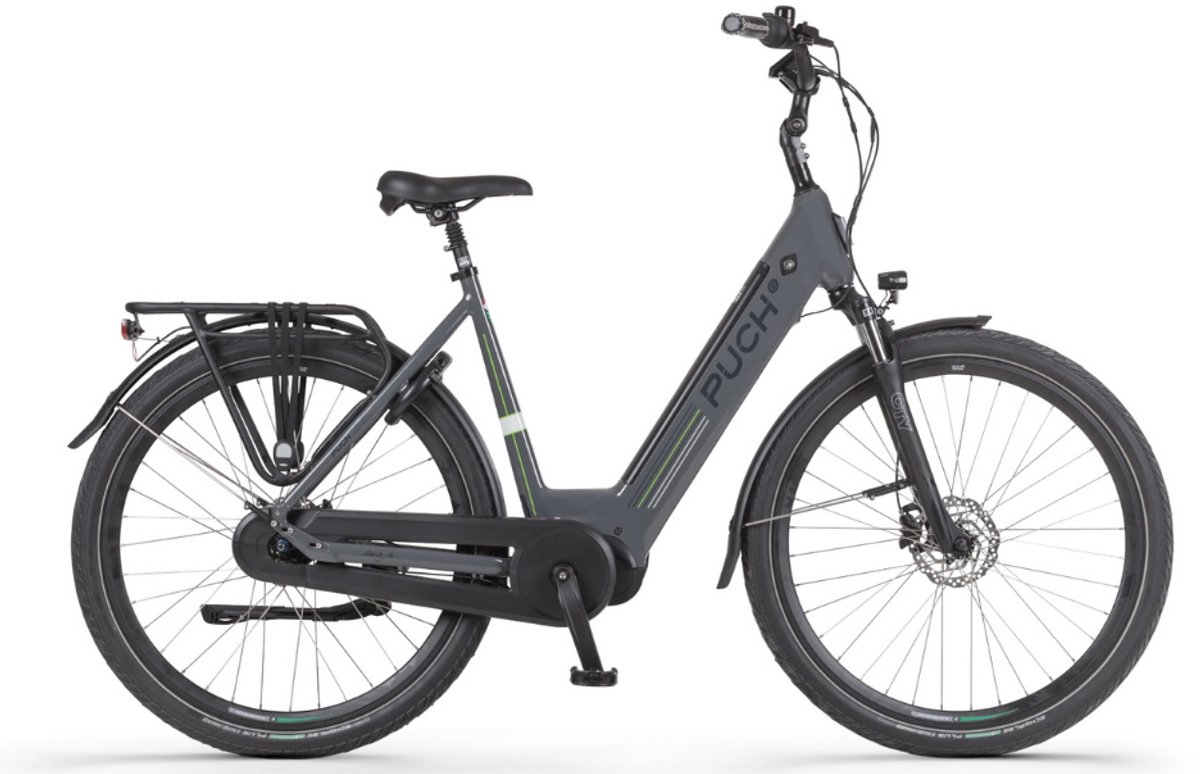 puch e modern n7 elektrische fiets e bike lage instap framemaat 54 uitneembare accu 28 inch 250w ananda middenmotor 150 km actieradius basalt grey glossy