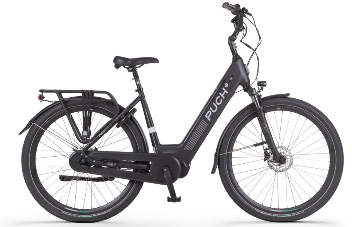 puch e modern n7 elektrische fiets e bike lage instap framemaat 54 uitneembare accu 28 inch 250w ananda middenmotor 150 km actieradius sunrise black metallic matt