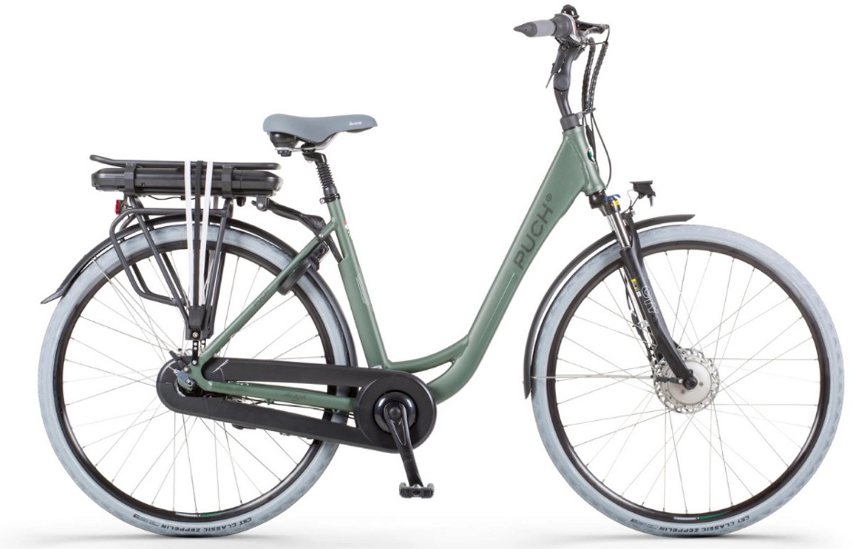 puch e soul n7 elektrische fiets e bike lage instap framemaat 50 uitneembare accu 28 inch 250w ananda motor 120 km actieradius khaki matt