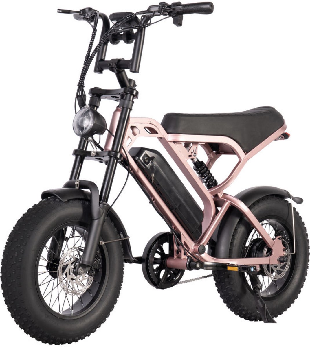 voltstep v20 mini fatbike elektrische fatbike 2025 16 inch legaal op de weg 50 km actieradius niet opvoerbaar hydraulische remmen alarm 2 jaar garantie rose gold