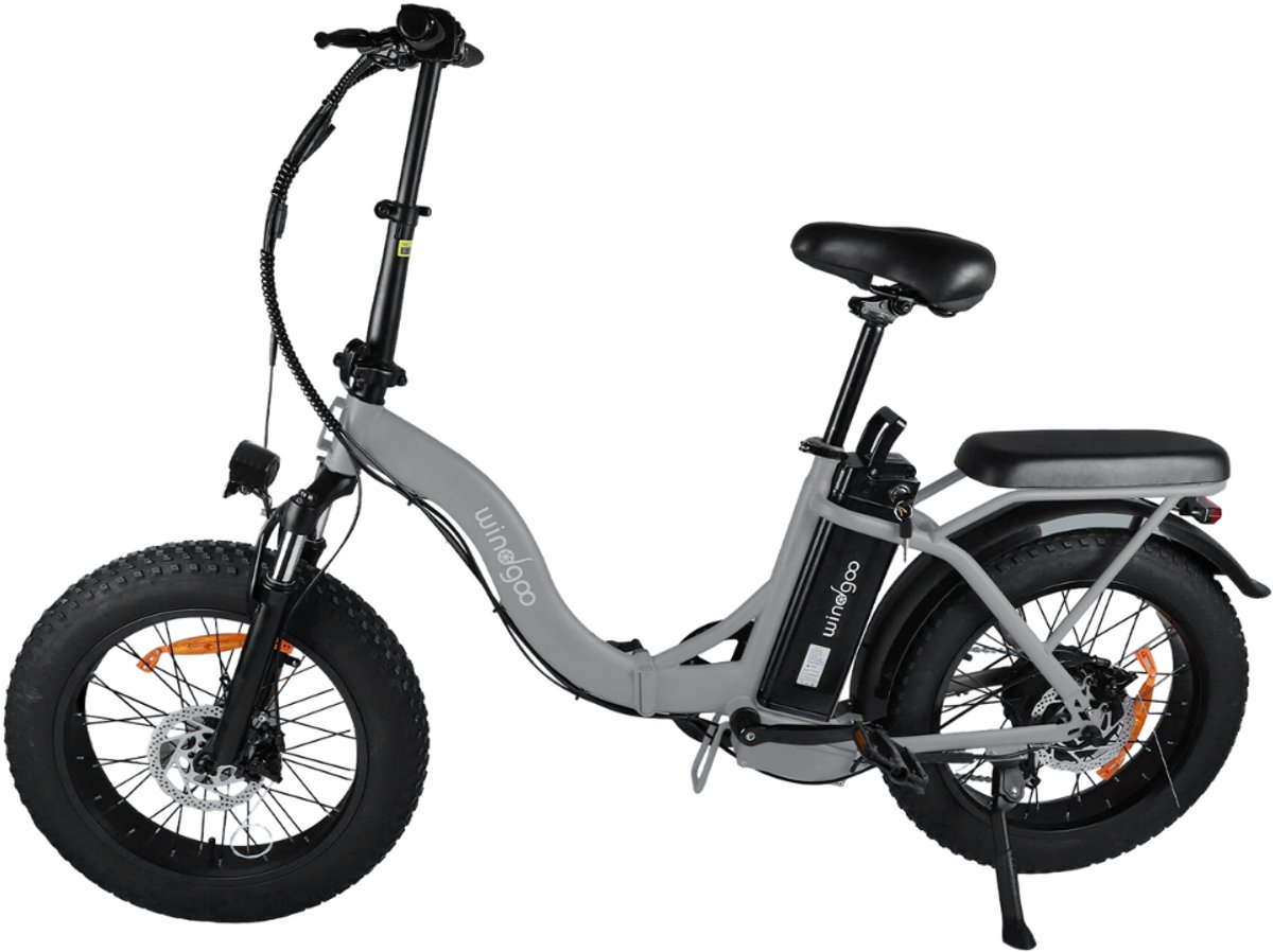 windgoo e20 pro elektrische vouwfiets fatbike rijklaar geleverd windgoo smart app 20 inch 250w motor 75 km actieradius mechanische schijfremmen lichtgrijs