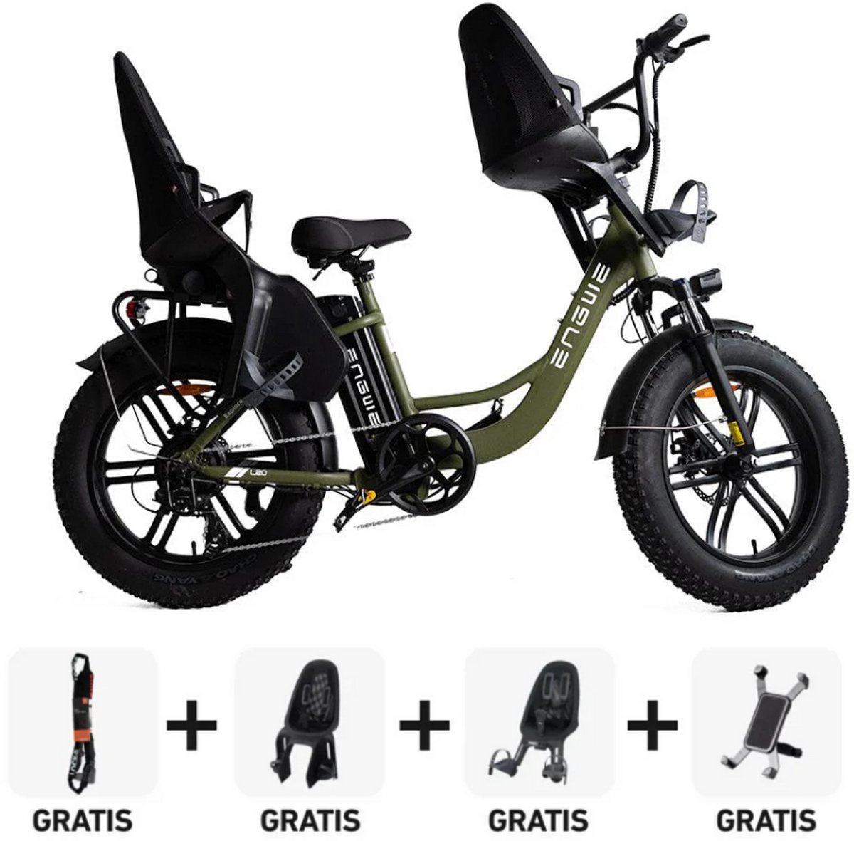 engwe l20 family elektrische fatbike e bike gratis kinderzitjes gratis kettingslot gratis telefoonhouder 20 inch 250w motor 7 versnellingen 140 km actieradius mechanische schijfremmen groen
