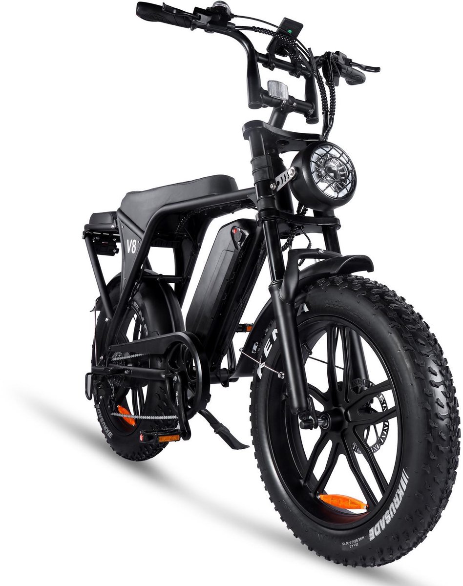 ouxi v8 3 elektrische fatbike ingebouwd alarmsystseem achterzitje 20 inch 250w motor 7 versnellingen 60 km actieradius hydraulische schijfremmen zwart in doos