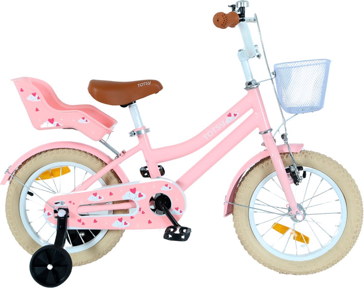TOTSY Meisjesfiets 14 inch – met poppenzitje - Kinderfiets – 3, 4 & 5 jaar – Roze – 14 inch Fiets – Inclusief Zijwieltjes Kinderfiets kopen online
