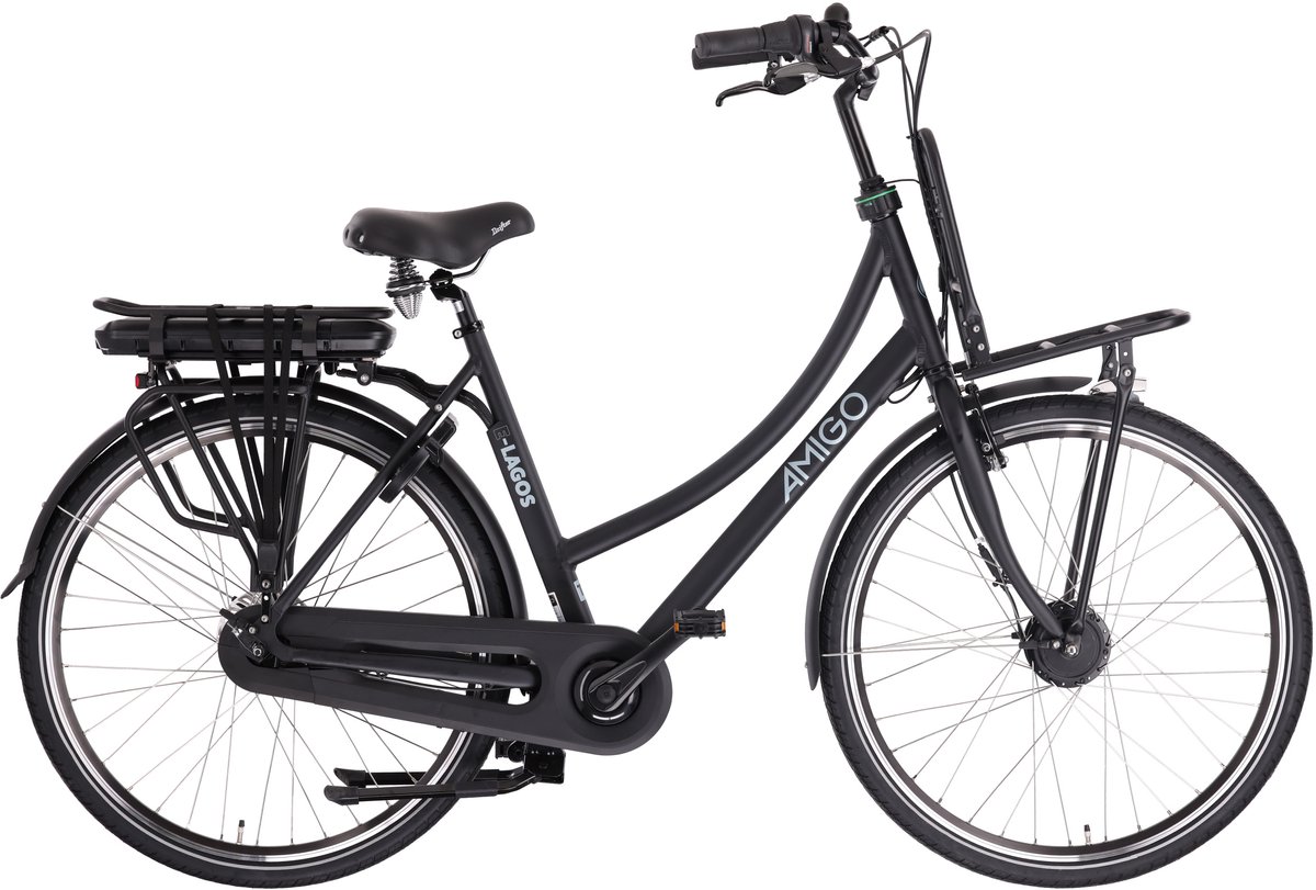 amigo e lagos t3 elektrische fiets e bike 28 inch 56 cm damesfiets 7 versnellingen rollerbrake 536 wh matzwart