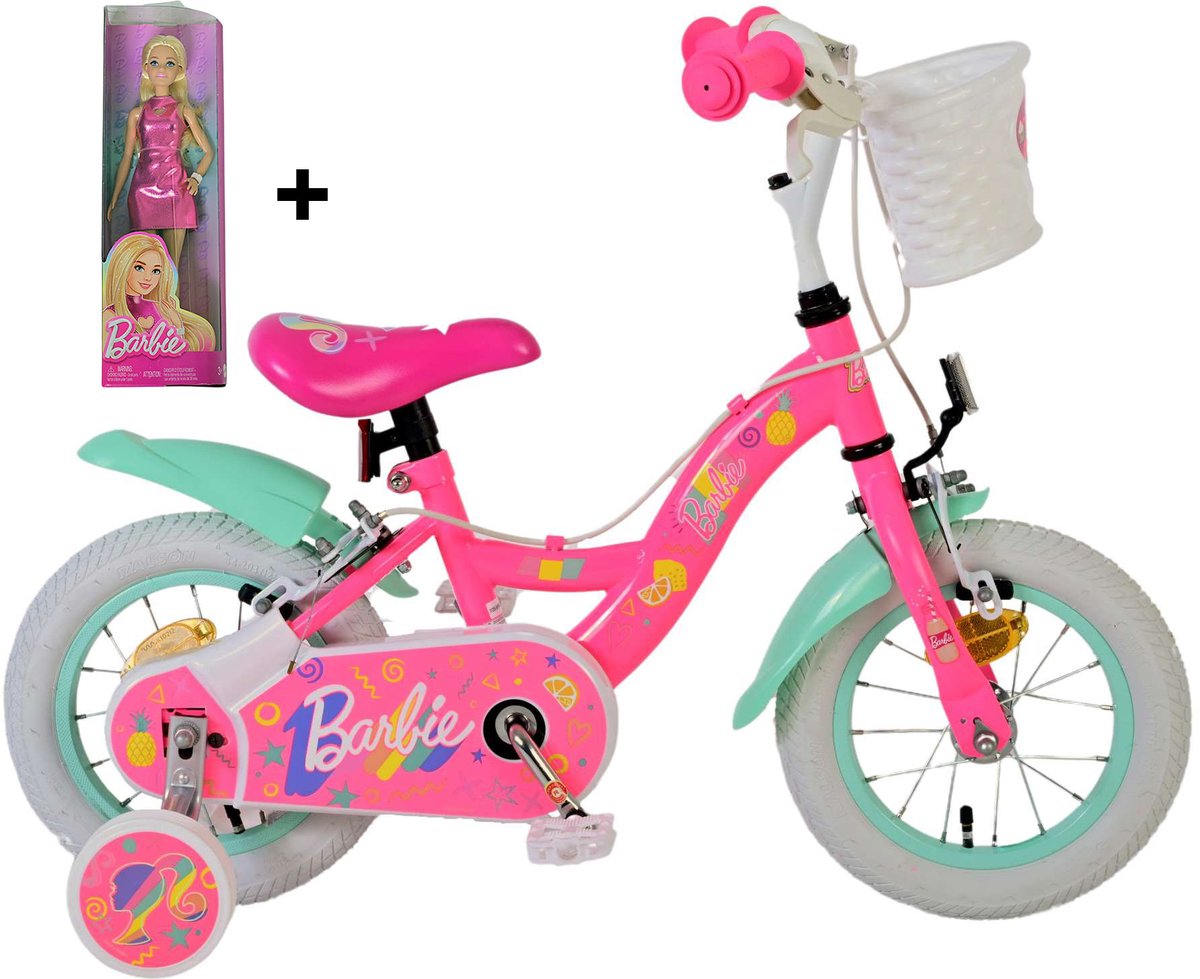 Barbie Kinderfiets - Meisjes - 14 inch - Roze - Twee Handremmen + gratis Barbie pop Kinderfiets kopen online