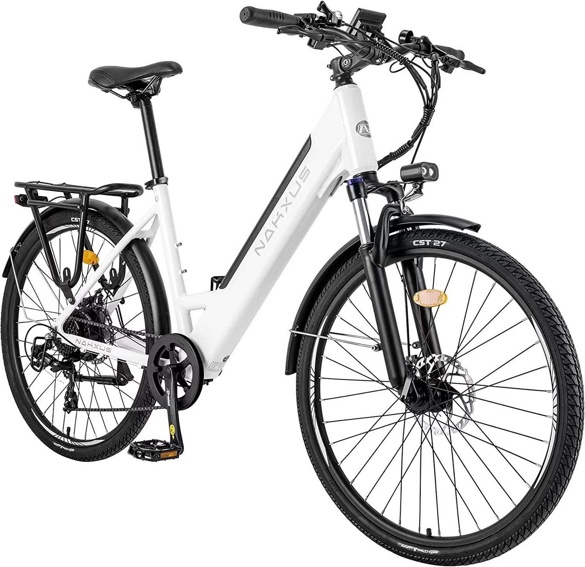 elektrische fiets nakxus m208 36v 12 5ah accu 80 km actieradius 26 inch wielen shimano 7 versnellingen middenmotor 250w aluminium frame lcd display met usb elektrische stadsfiets wit