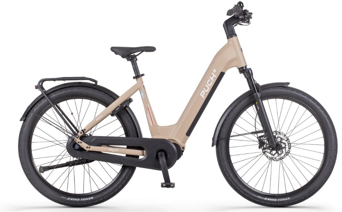 puch e felice n7 elektrische fiets e bike rijklaar geleverd lage instap framemaat 53 uitneembare accu 28 inch 250w ananda middenmotor 120 km actieradius matt beige