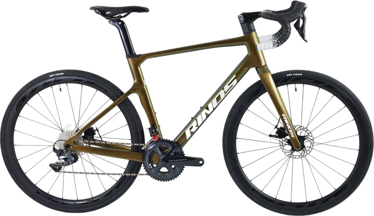 Rinos Odin5.0 Carbon Road - Racefiets - met SHIMANO Ultegra R8000 - 22 versnellingen en schijfremmen - lichte fiets voor dames en heren - Wielen van koolstofvezel - 700 x 40C - Kameleon Goud - Groen 58 Fiets kopen online