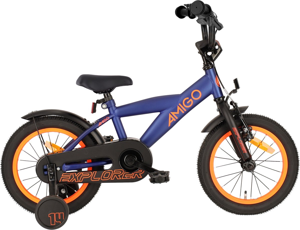 amigo explorer jongensfiets 14 inch kinderfiets voor 3 tot 5 jaar 95 110 cm blauw oranje