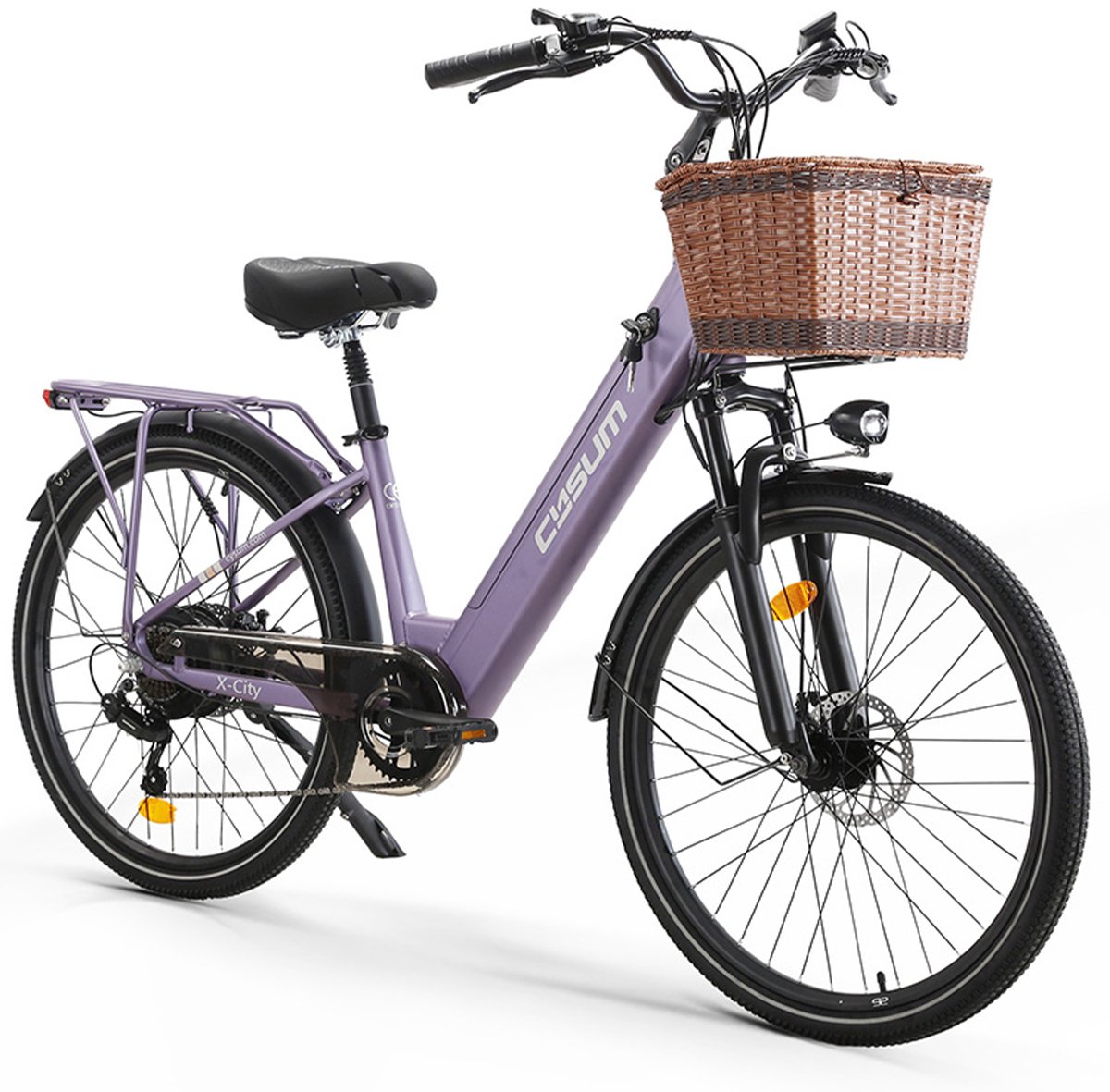 cysum x city elektrische fiets 48v 10 4ah accu tot 100 km actieradius 250w achterwielmotor shimano 7 speed met bagagedrager mand elektrische stadsfiets paars