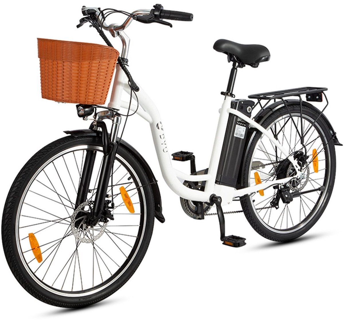 DYU Elektrische Fiets C6 - 450Wh/12.5Ah Accu - 75 km Bereik - 250W Motor - Instap Frame - 26 Inch Wielen - Shimano 6 Versnellingen - Met fietsmandje - Stadsfiets voor Dames en Heren - Wit Fiets (elektrisch) kopen online