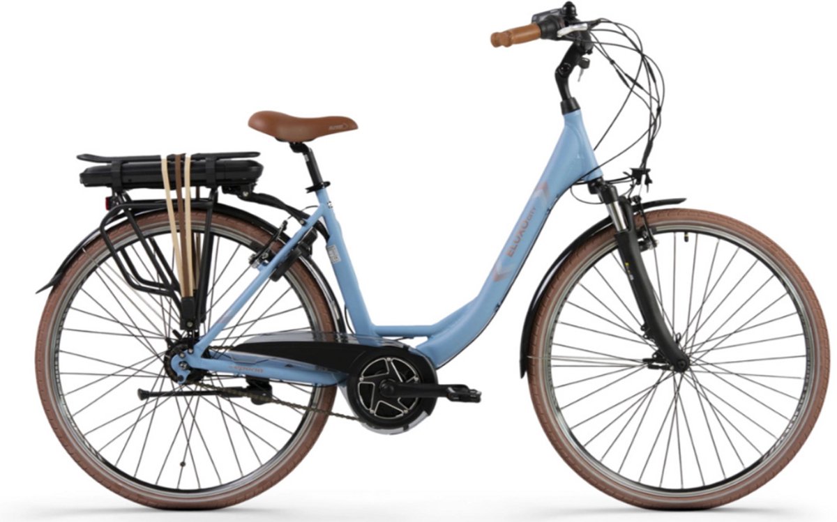 eluxo e voltage city n8 elektrische fiets e bike rijklaar geleverd lage instap framemaat 49 uitneembare accu 28 inch 250w bewo middenmotor 120 km actieradius pastel blue matt