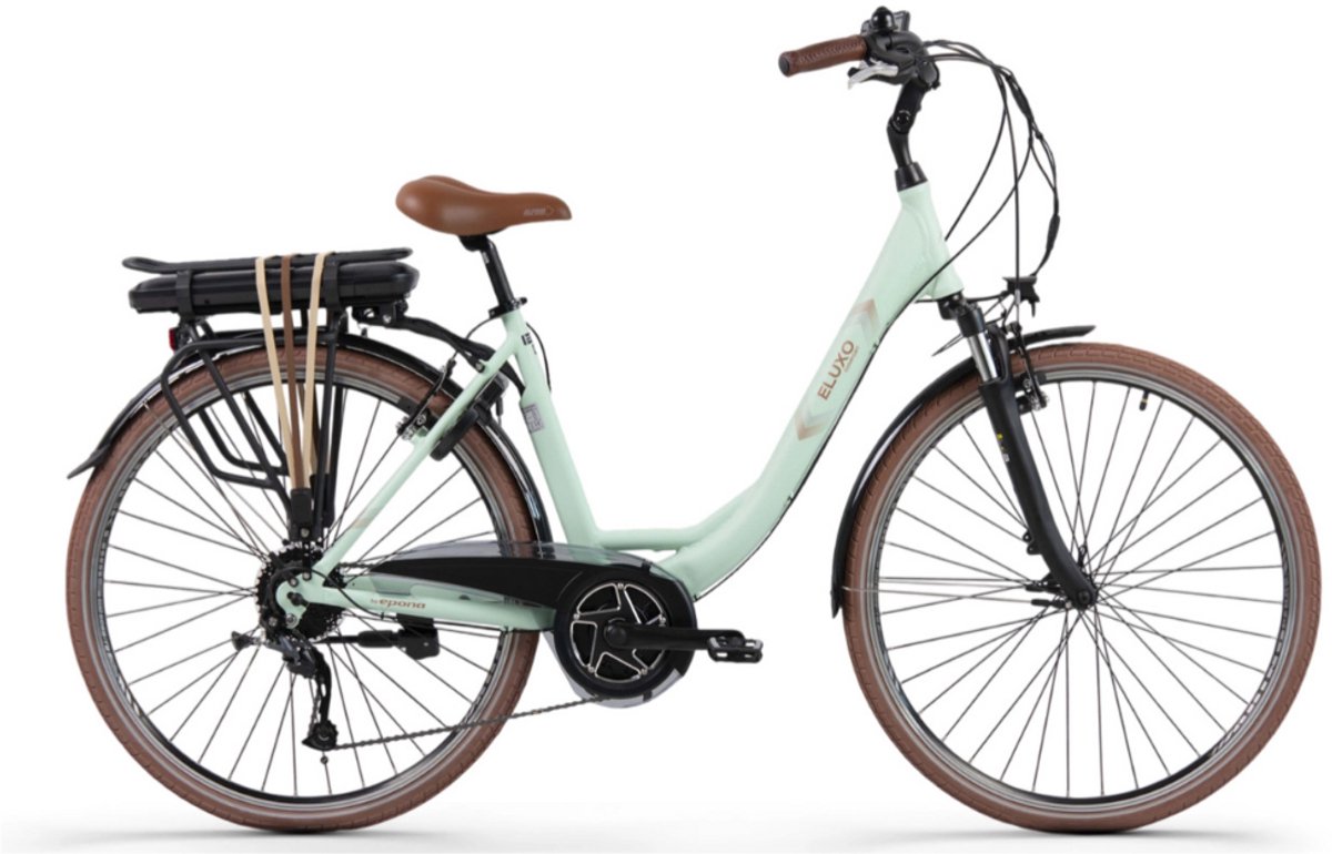 ELUXO E-Voltage D9 Elektrische Fiets – E-bike – Rijklaar Geleverd - Lage Instap - Framemaat 49 - Uitneembare Accu - 28 Inch - 250W Bewo Middenmotor - 120 km Actieradius - Minted Green Matt Fiets (elektrisch) kopen online
