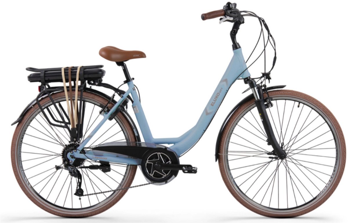 eluxo e voltage d9 elektrische fiets e bike rijklaar geleverd lage instap framemaat 49 uitneembare accu 28 inch 250w bewo middenmotor 120 km actieradius pastel blue matt