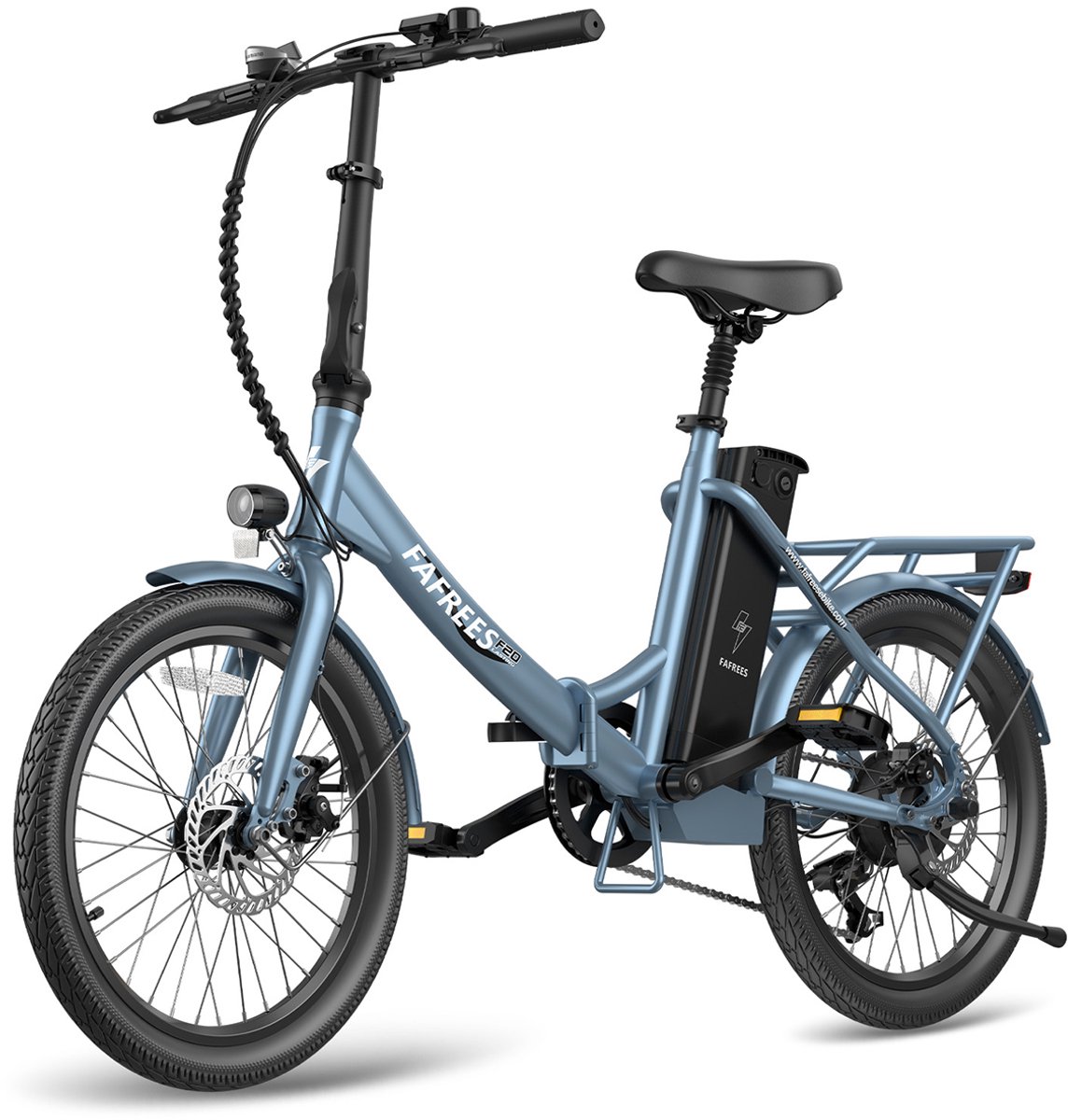 fafrees elektrische fiets f20 lasting elektrische vouwfiets 36v 18 2ah accu 120 km actieradius 250w motor 20 inch banden mechanische schijfremmen shimano 7 versnellingen lcd display grijsblauw