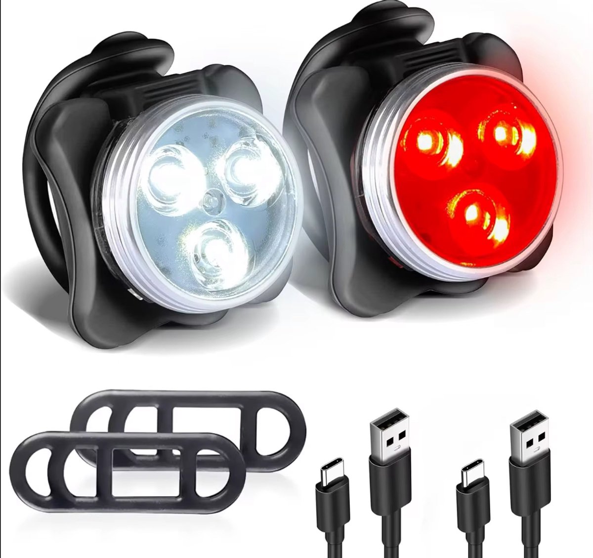 guuus fietsverlichting set led voorlicht achterlicht usb oplaadbaar 4 lichtstanden waterdicht fietslampje zwart