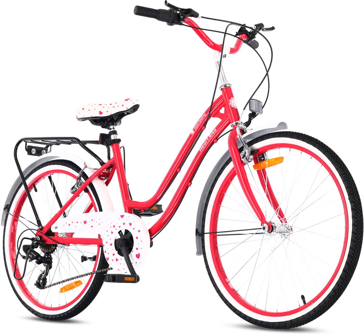 heart bike kinderfiets 24 inch meisjes van 8 tot 12 jaar framboos fiets voor een meisje met 7 versnellingen bagagedrager metalen spatborden v brake kettingkast