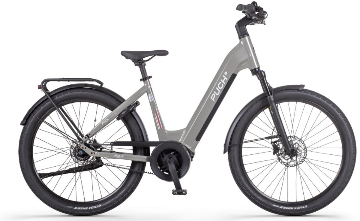 puch e felice n7 belt elektrische fiets e bike rijklaar geleverd lage instap framemaat 48 riemaandrijving uitneembare accu 28 inch 250w ananda middenmotor 120 km actieradius aluminium grey