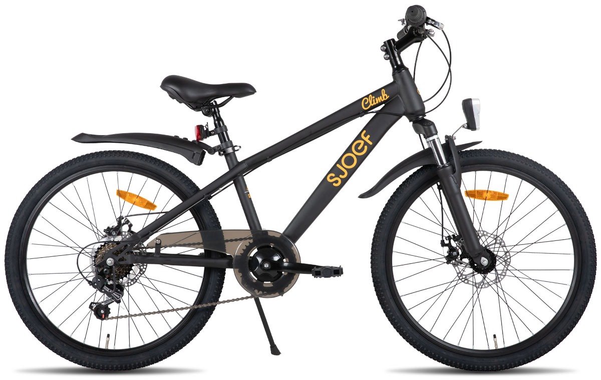 SJOEF Climb Jongensfiets / Mountainbike 24 inch | Kinderfiets 8-12 Jaar | 6 Versnellingen | Schijfremmen | Verende voorvork | Spatborden | Kettingkast | LED verlichting | Zwart Kinderfiets kopen online