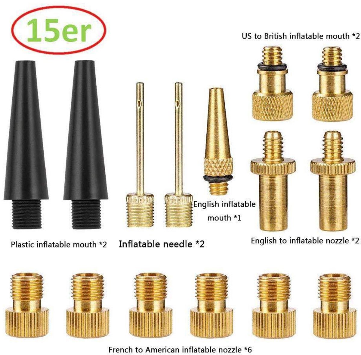 15 delige adapternippel fietsventiel ventieldopset goud
