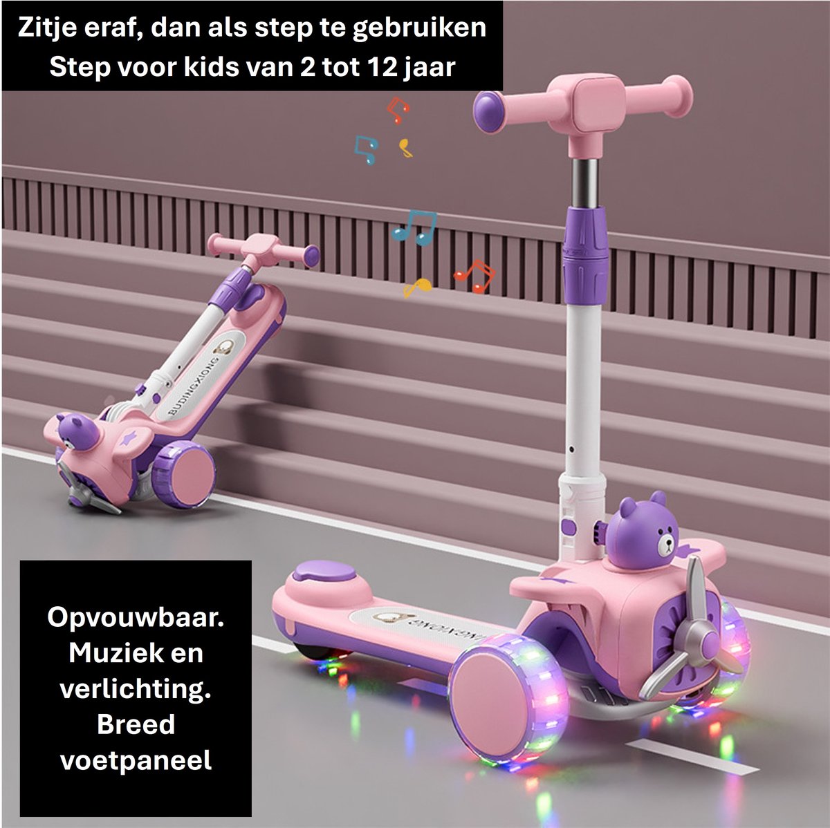 2 in 1 kinderstep met schattig berenontwerp windmolen zithulp stepfunctie voor 2 12 jaar opvouwbaar met pu wielen ouderstuur en antikantelontwerp in roze