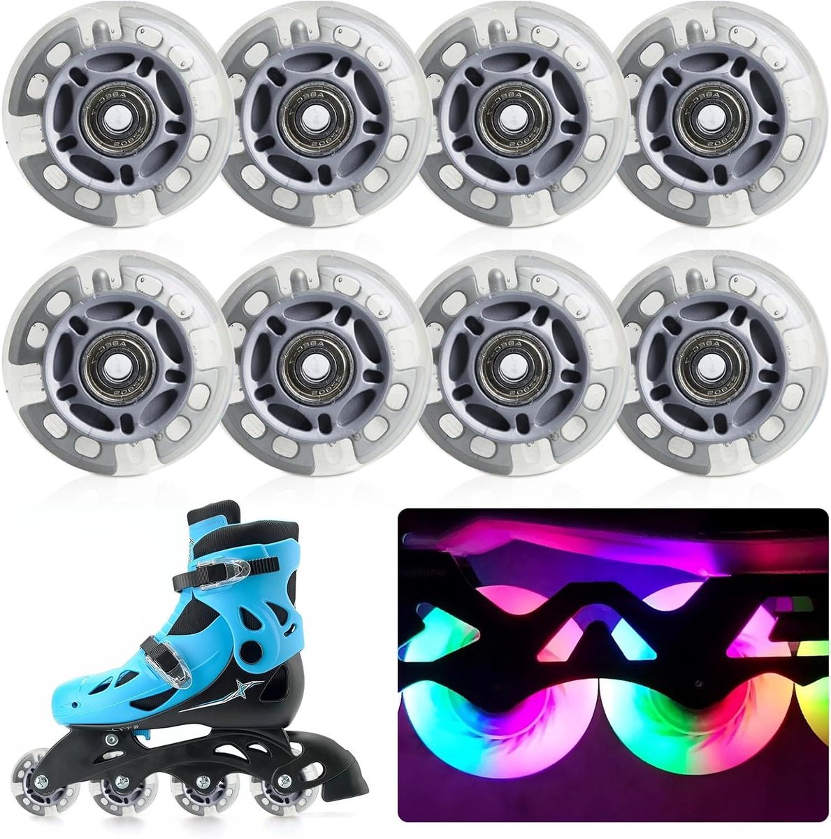 allecto plus 8 stuks vervangende 72 mm inline skate wielen met abec 9 kogellagers zilvertransparant voor alle soorten rolschaatsen