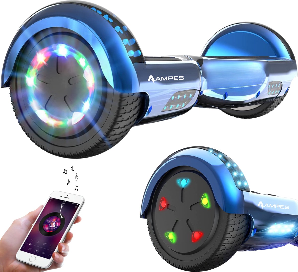 Ampes Hoverboard - Bluetooth Speaker - 24V 4.0 Ah Accu - Oxboard - 12 km/h - UL2272 Gecertificeerd - LED Verlichting - Anti lek banden - Belastbaar tot 120KG - 6.5 Inch - Inclusief Draagtas - 700W - Blauw Hoverboard kopen online
