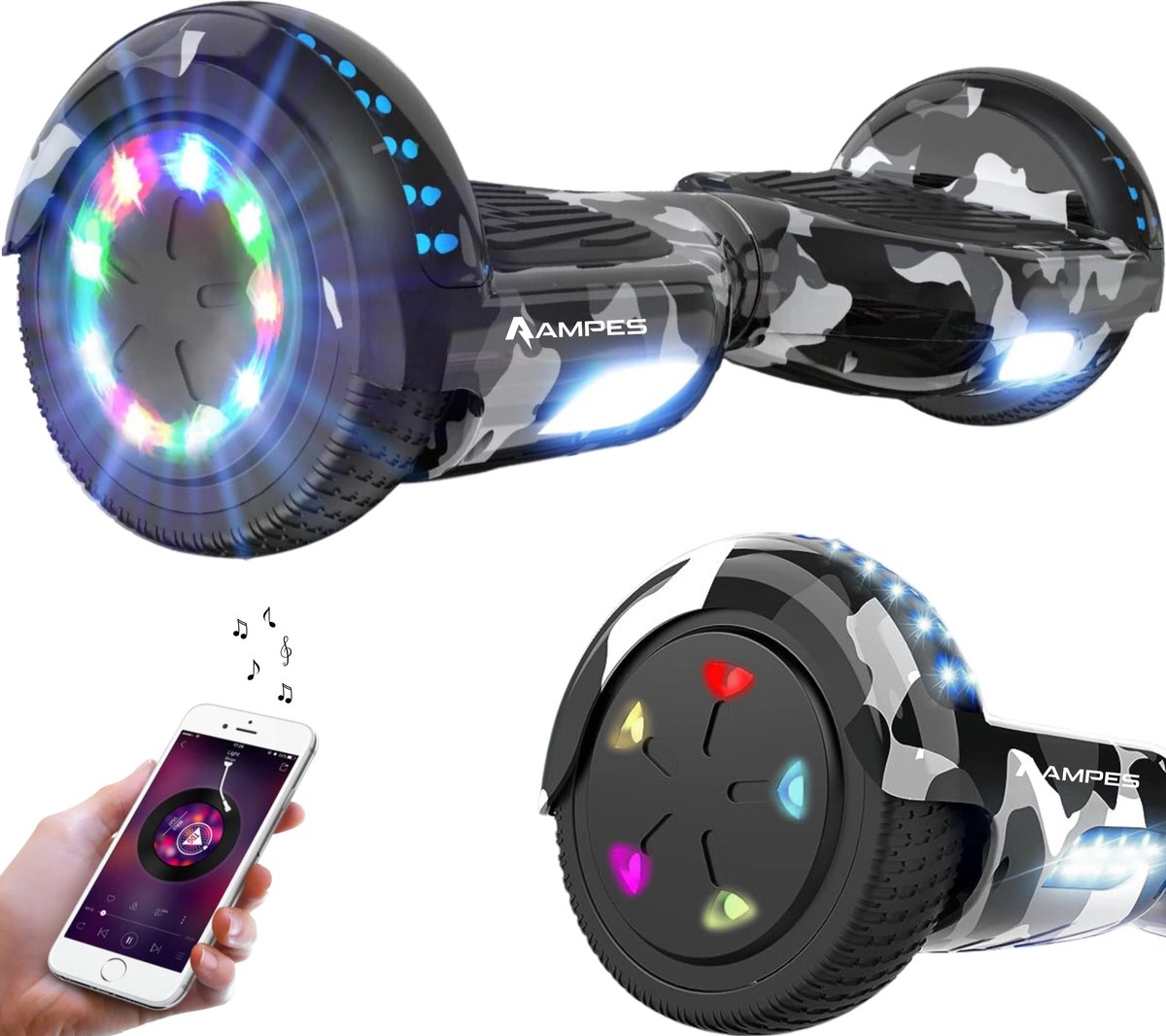 Ampes Hoverboard - Bluetooth Speaker - 24V 4.0 Ah Accu - Oxboard - 12 km/h - UL2272 Gecertificeerd - LED Verlichting - Anti lek banden - Belastbaar tot 120KG - 6.5 Inch - Inclusief Draagtas - 700W - Camouflage Hoverboard kopen online