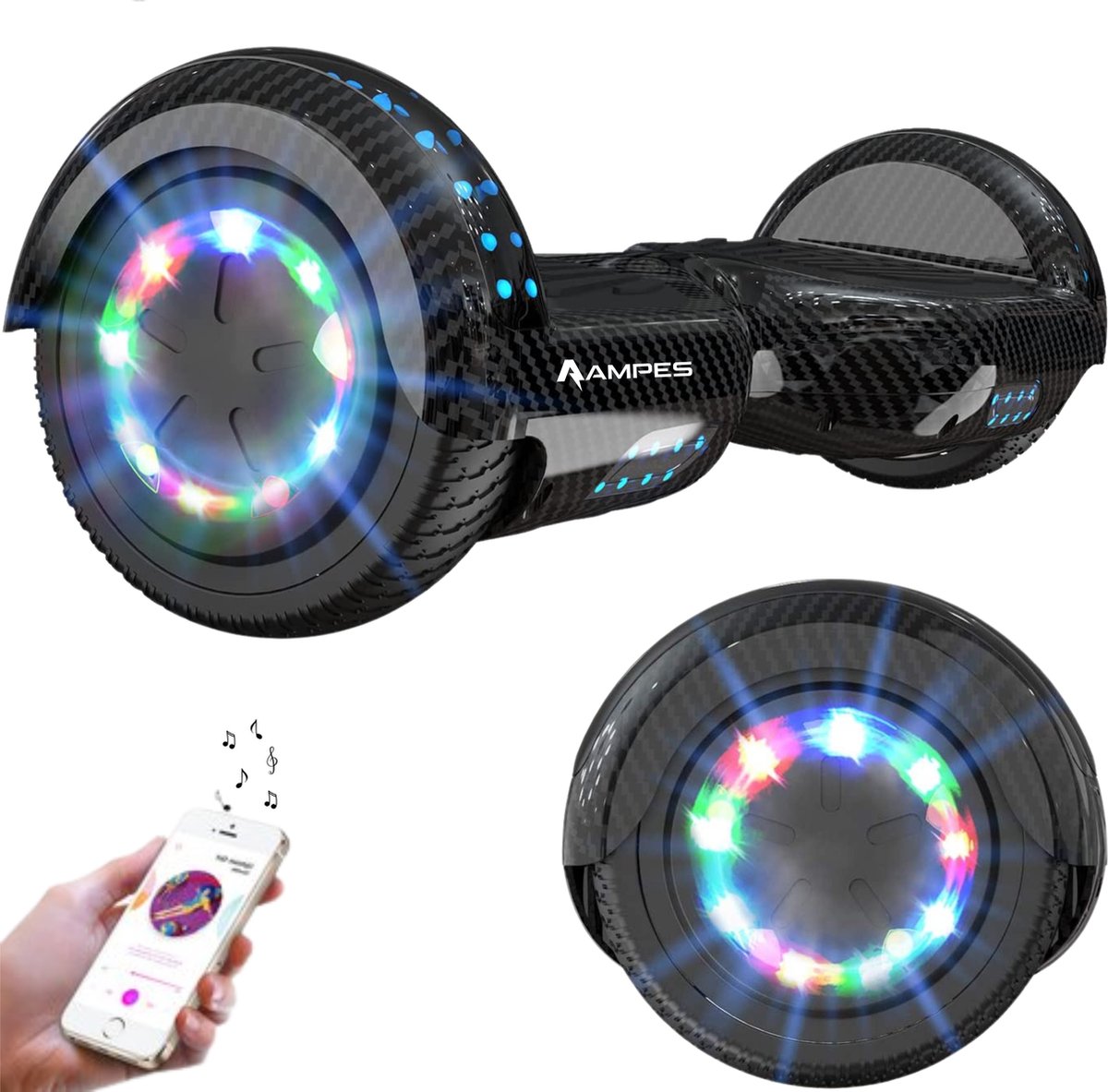 Ampes Hoverboard - Bluetooth Speaker - 24V 4.0 Ah Accu - Oxboard - 12 km/h - UL2272 Gecertificeerd - LED Verlichting - Anti lek banden - Belastbaar tot 120KG - 6.5 Inch - Inclusief Draagtas - 700W - Carbon Hoverboard kopen online