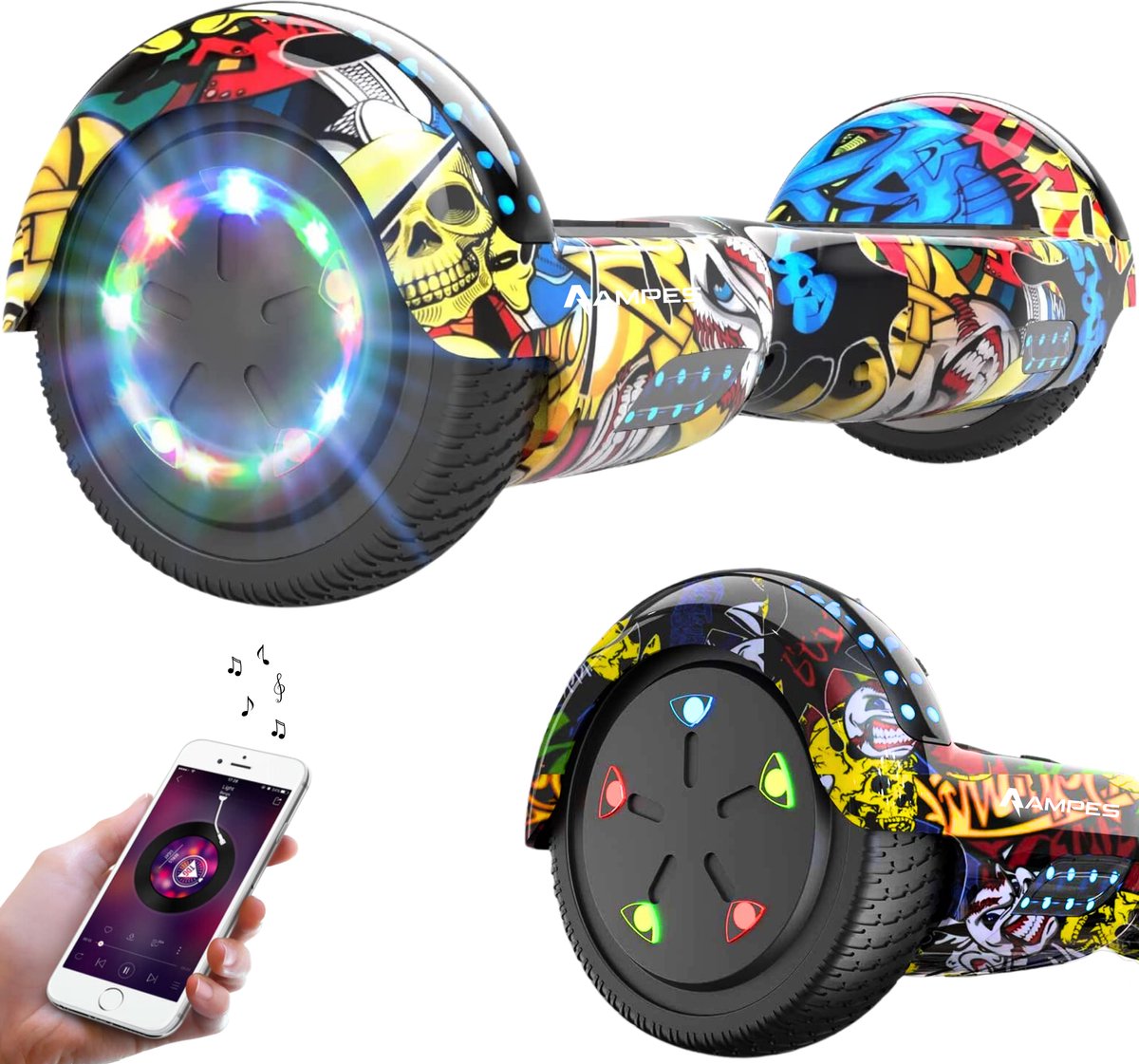 Ampes Hoverboard - Bluetooth Speaker - 24V 4.0 Ah Accu - Oxboard - 12 km/h - UL2272 Gecertificeerd - LED Verlichting - Anti lek banden - Belastbaar tot 120KG - 6.5 Inch - Inclusief Draagtas - 700W - Hiphop Hoverboard kopen online