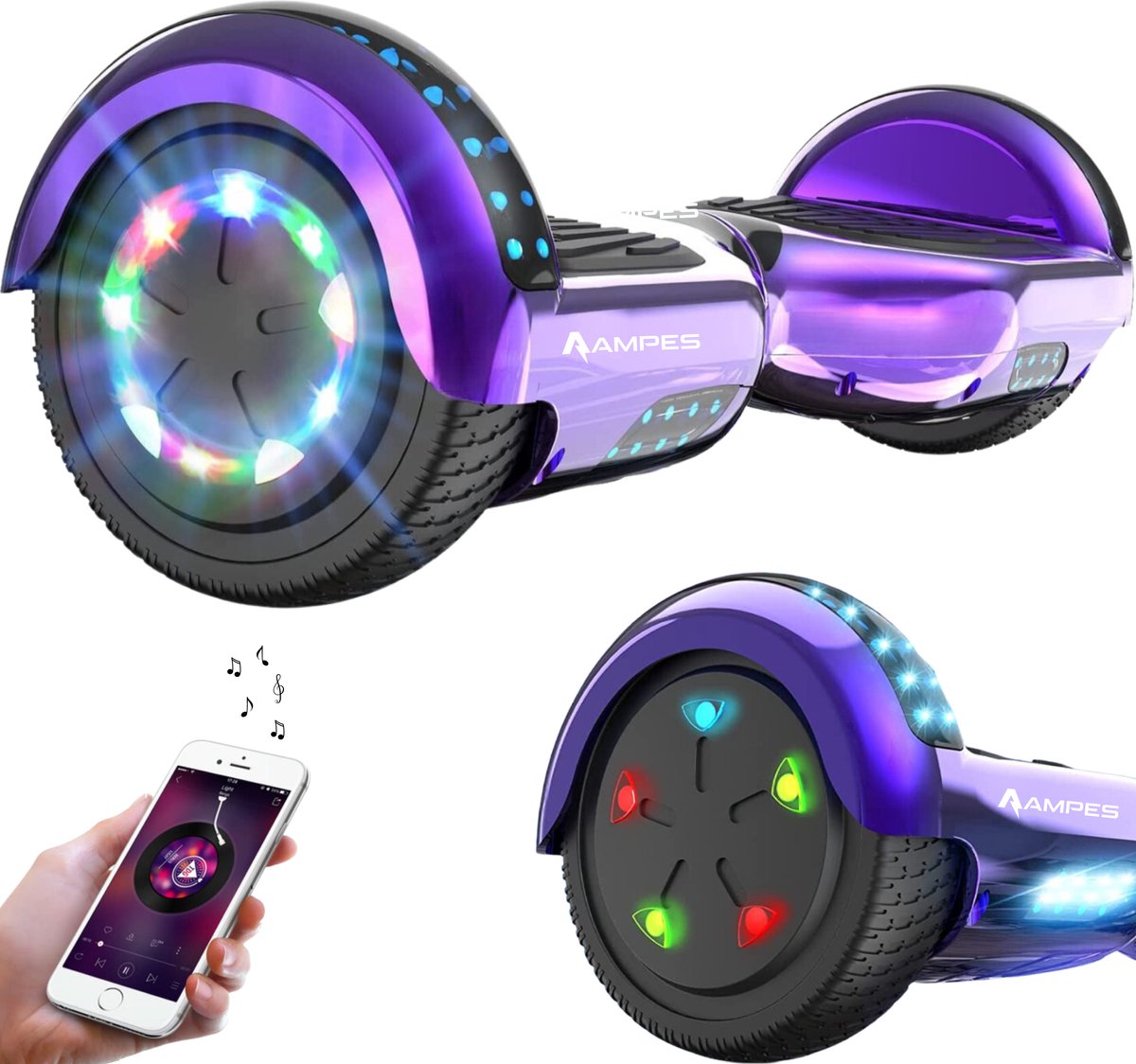 Ampes Hoverboard - Bluetooth Speaker - 24V 4.0 Ah Accu - Oxboard - 12 km/h - UL2272 Gecertificeerd - LED Verlichting - Anti lek banden - Belastbaar tot 120KG - 6.5 Inch - Inclusief Draagtas - 700W - Paars Hoverboard kopen online