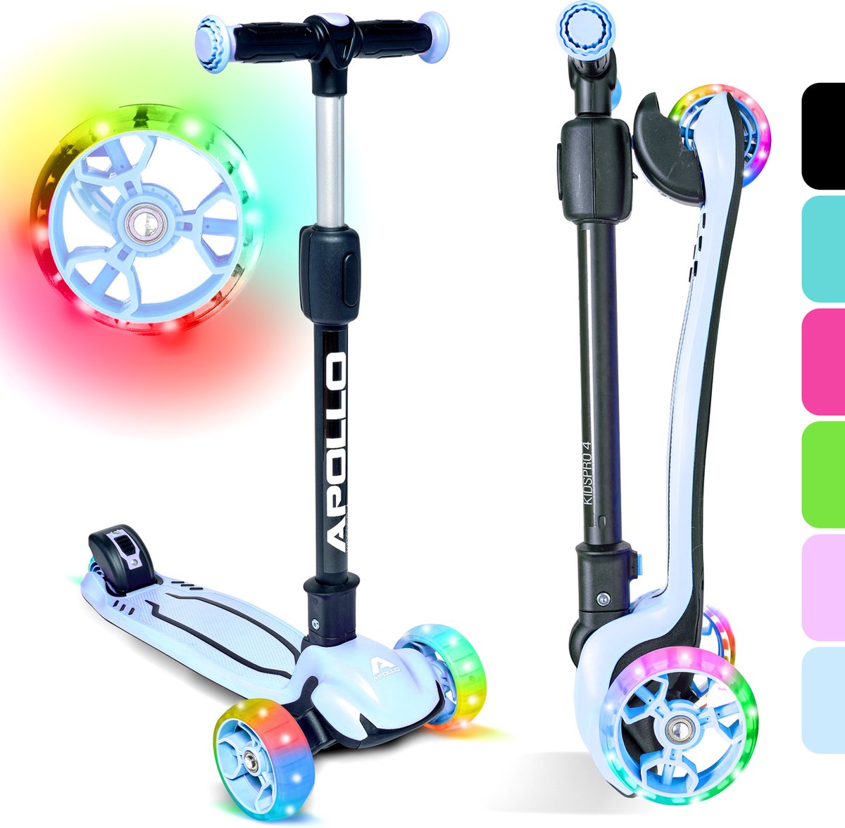 Apollo KidsPro 4 Kinderstep Opvouwbare Step, in Hoogte Verstelbare Driewielige Step, Led-scooter, voor Kinderen vanaf 3 Jaar, Led-Wielen, voor Jongens en Meisjes Step kopen online