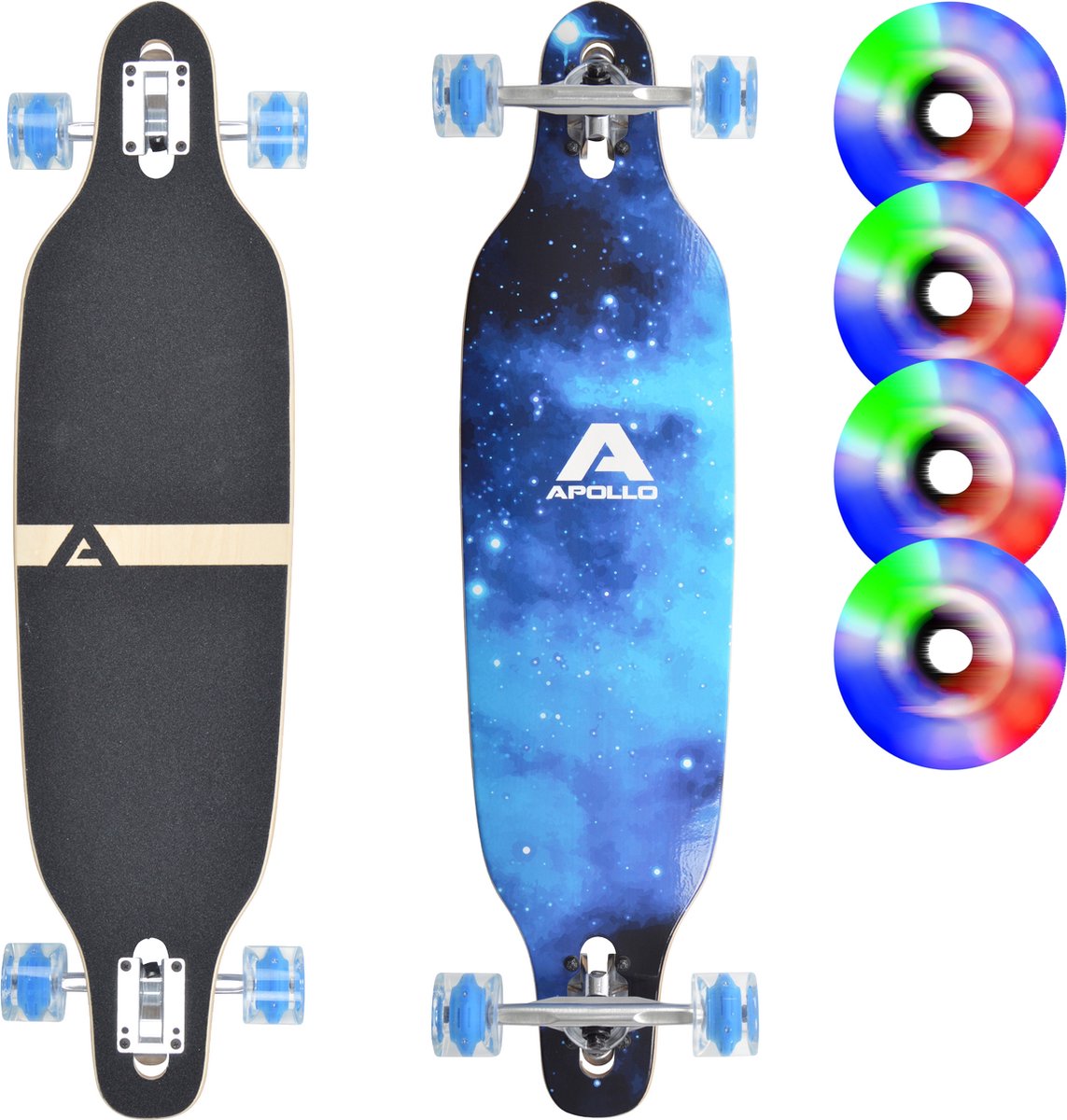 apollo twin tip dt longboard blue sky led wheels