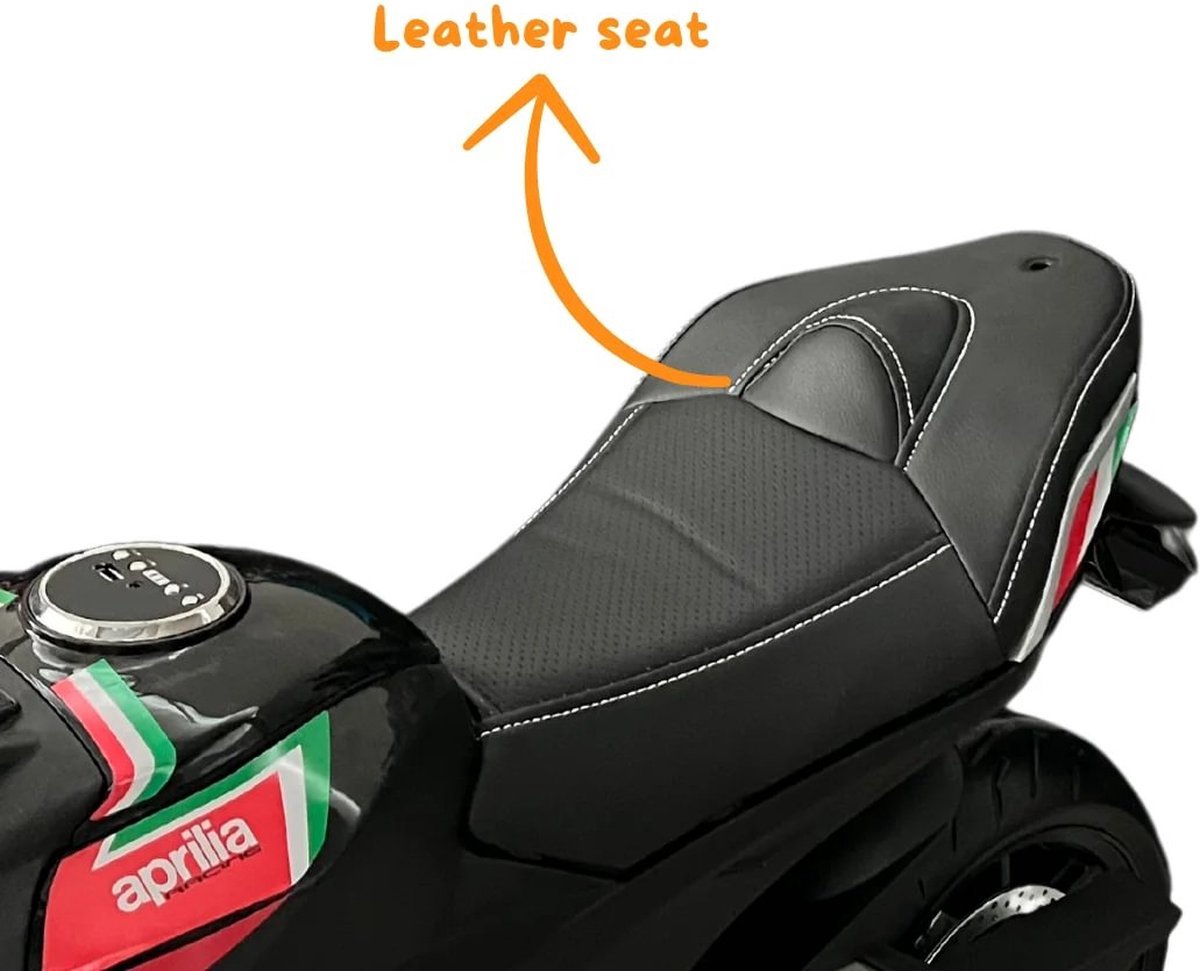 aprilia tuono elektrische kindermotor 12v 35cm zit hoogte zijwieltjes eva rubberen banden extra functies zwart