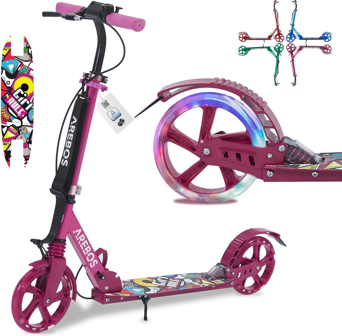 arebos kick scooter stadsstep kinderstep volwassen scooter roze met led banden