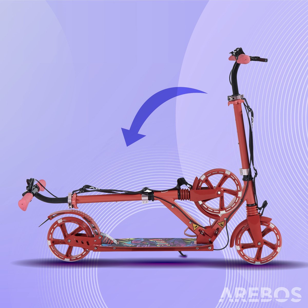 arebos stadsscooter step rood in hoogte verstelbaar opvouwbaar inclusief draagriem led wielen hand pedaal rem voor achter vering kinderen volwassenen 100kg draagvermogen kick scooter