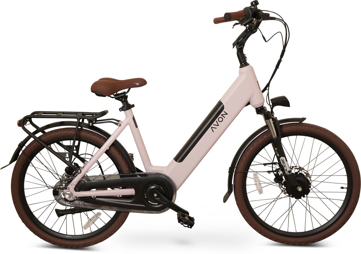 avon bx1 elektrische fiets 24 inch 250w voorwielmotor 504wh accu tot 90 km actieradius hydraulische schijfremmen nexus 3 speed naafversnelling kleurendisplay lage instap dusty rose