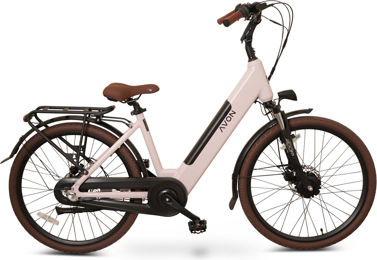 avon bx1 elektrische fiets 26 inch 250w voorwielmotor 504wh accu 90km actieradius hydraulische schijfremmen nexus 3 speed kleurendisplay lage instap dusty rose