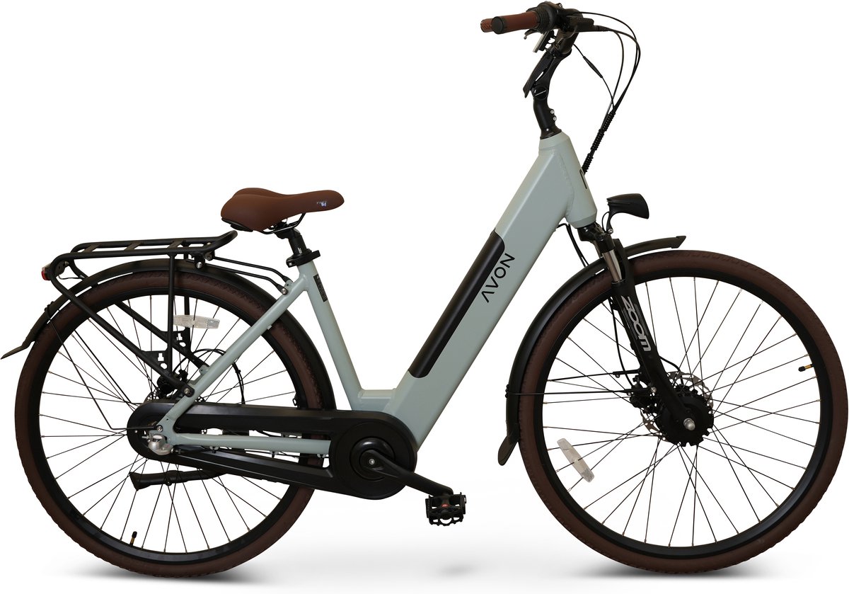 avon bx1 elektrische fiets 28 inch 250w voorwielmotor 504wh accu 90km actieradius hydraulische schijfremmen nexus 3 speed kleurendisplay lage instap muted grayish blue