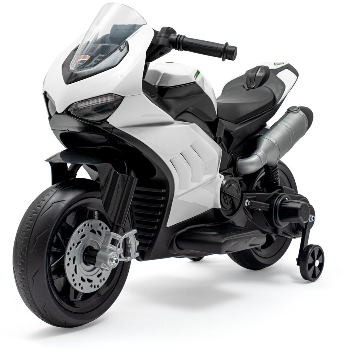 Baby Mix - Elektrische motorfiets - Wit met zwarte en zilveren accenten - Met steunwielen - Speelgoed motorfiets voor kinderen - Kindermotor - Speelgoed motor - Kinderspeelgoed - Sportmotor Accuvoertuig kopen online